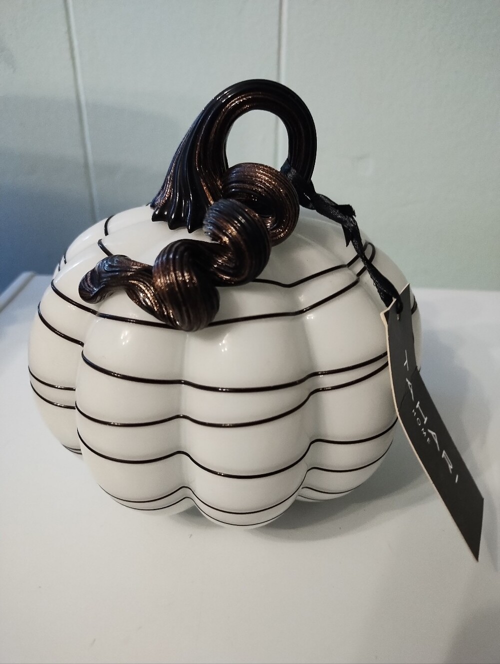 NWT Tahari Home Hand Blown White Glass Pumpkin Sculpture with Black StemHand